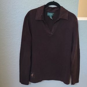 Ralph Lauren Petite Brown V-Neck Collared Sweater